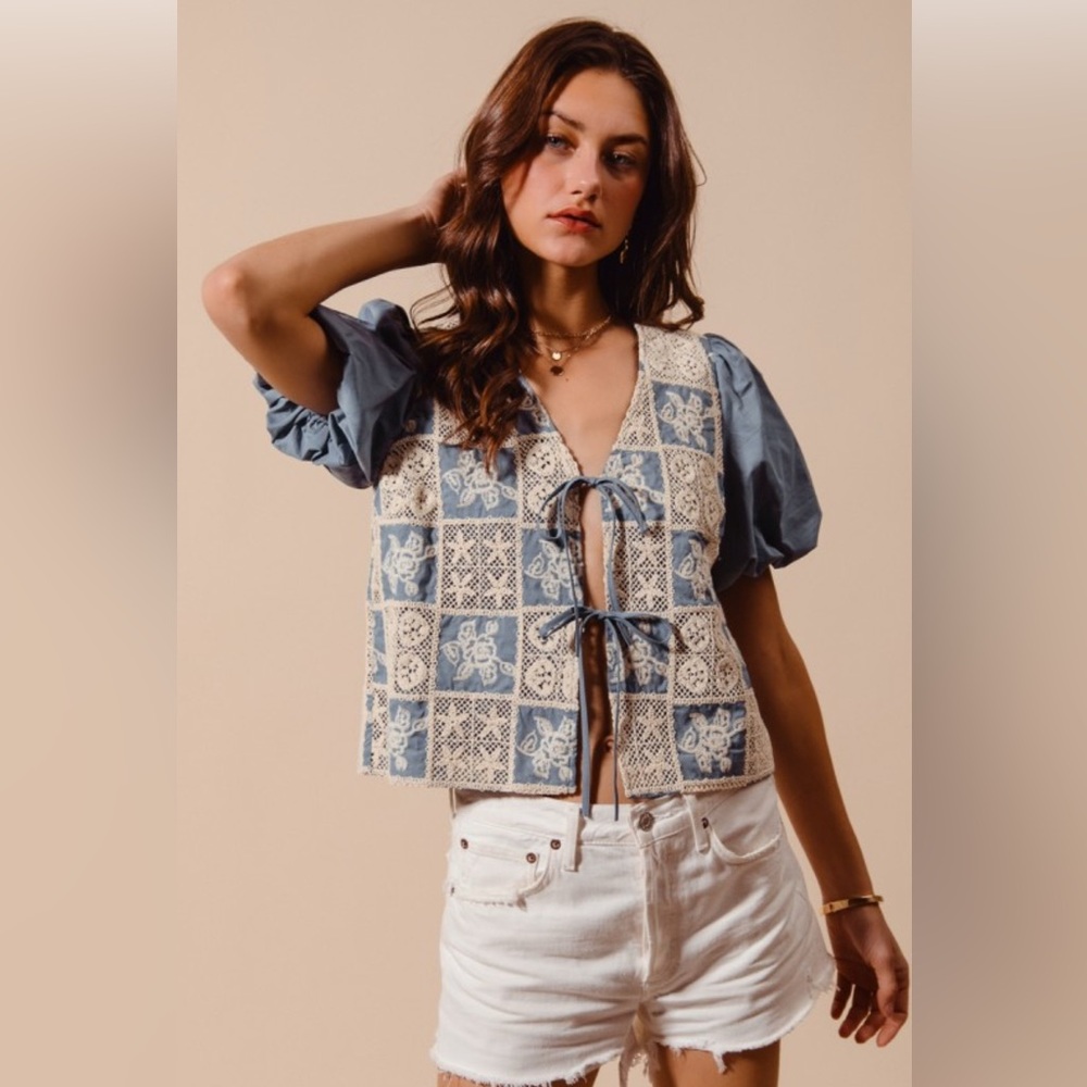 So Me Blue and Cream Crocheted Patchwork Tie-Front Blouse